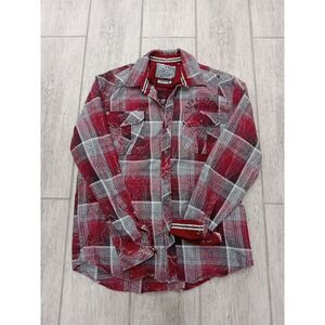 Affliction motorcycles The Buckle Embroidered Snap Up Shirt Mens L red gray blk